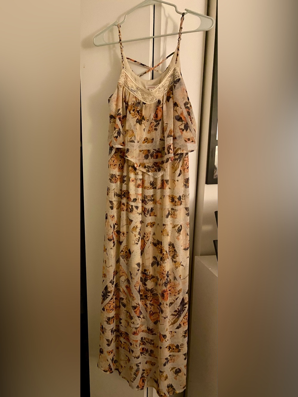 Xhilaration Cream Floral Maxi Dress with Lace Trim